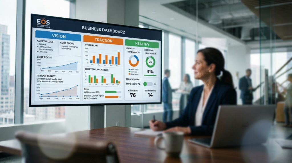 Business dashboard showing EOS property management metrics
