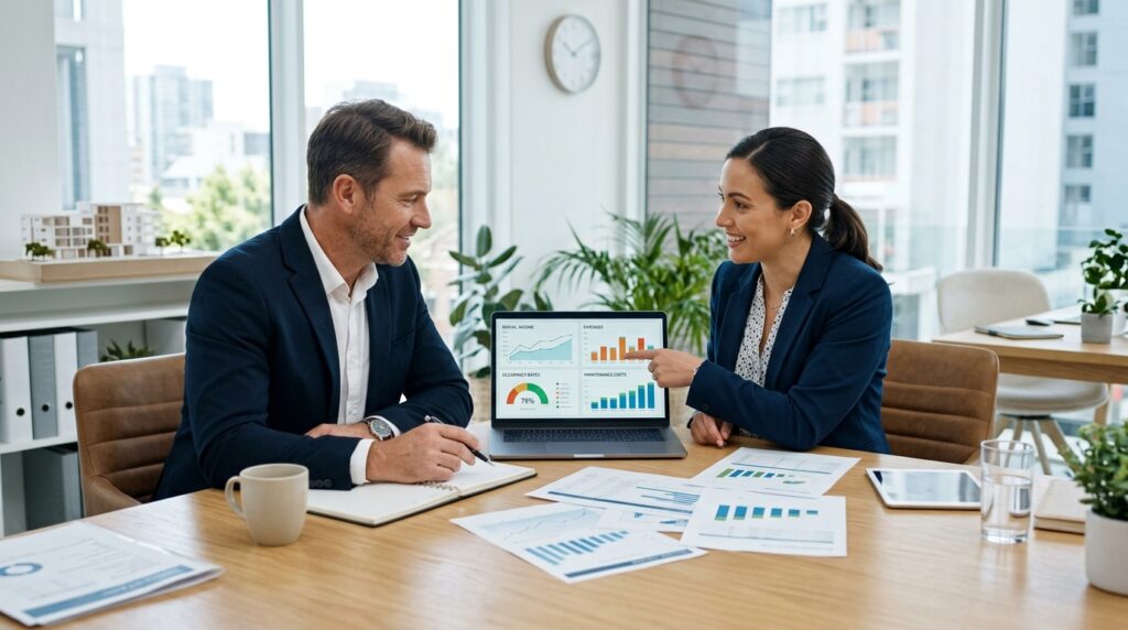Property manager reviewing rental performance reports