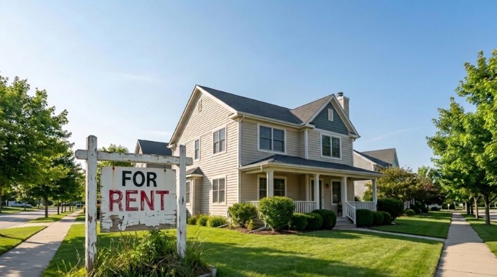 Vacant home with yard sign in suburban neighborhood