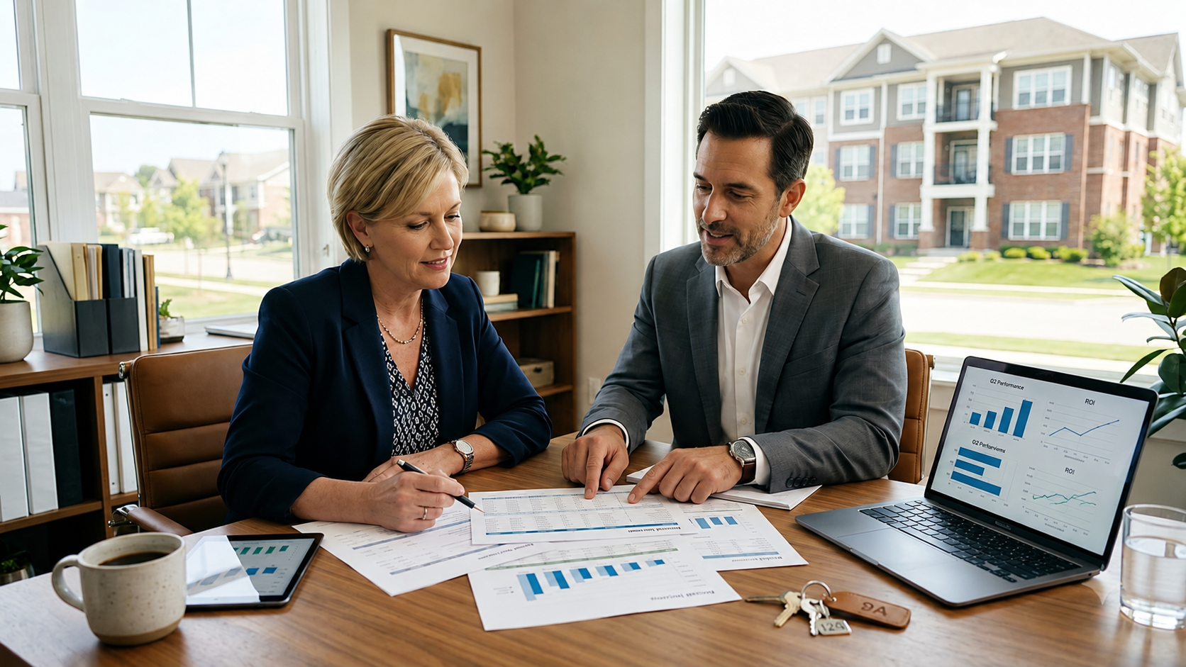Property managers reviewing financial reports and investment performance