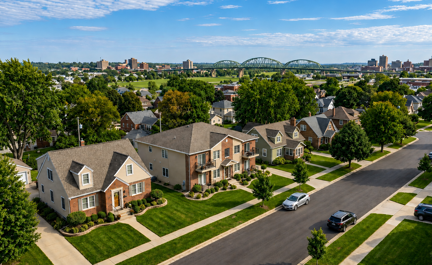 Quad Cities neighborhood with residential homes and city skyline view