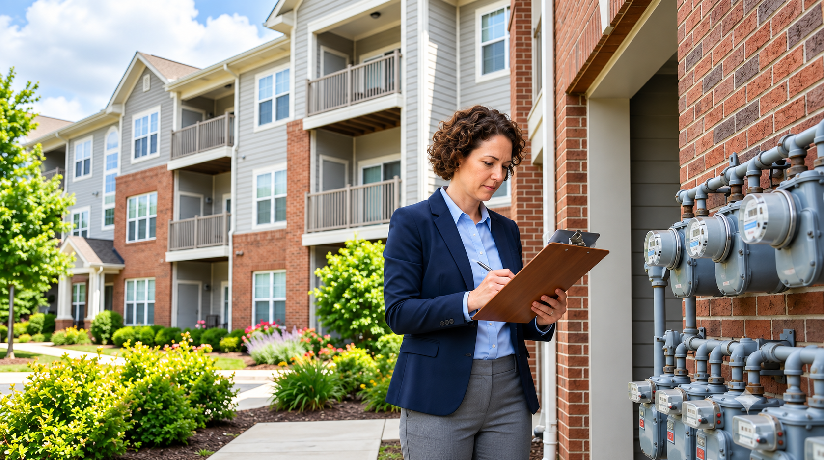 Property manager reviewing utility meters at an apartment complex