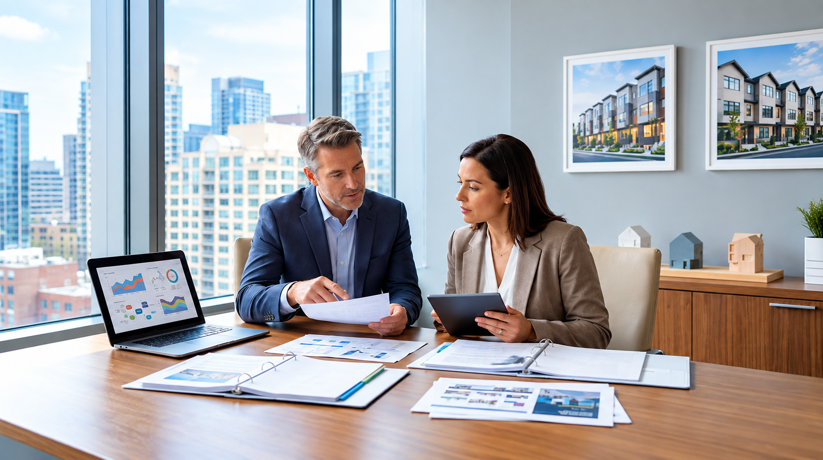 Two colleagues discussing property plans in a city office