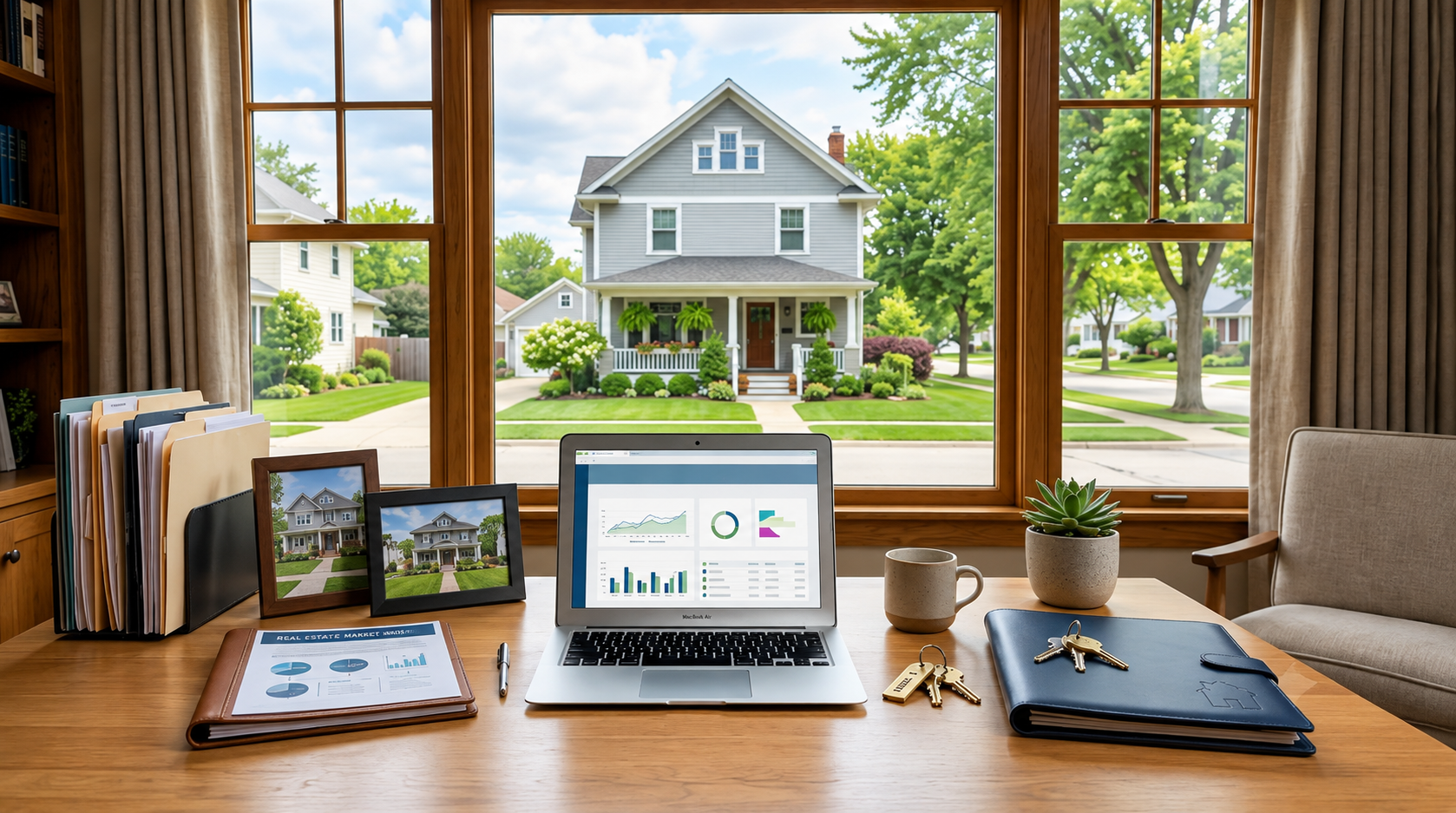 Property management workspace overlooking a rental home